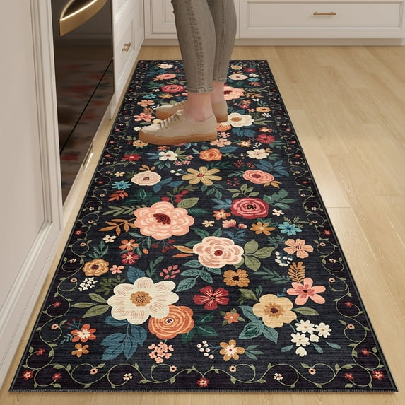 DUKINO 2x6 Runner Rug for Hallway, Washable Kitchen Rug with Non Slip Backing, Low Pile Soft Boho Floral Runner for Kitchen, Hallway, Entryway, Laundry, Bedroom, Black