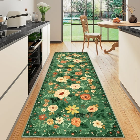 DUKINO 2x6 Runner Rug for Hallway, Washable Kitchen Rug with Non Slip Backing, Low Pile Soft Boho Floral Runner for Kitchen, Hallway, Entryway, Laundry, Bedroom, Dark Green