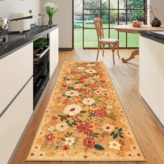 DUKINO 2x6 Runner Rug for Hallway, Washable Kitchen Rug with Non Slip Backing, Low Pile Soft Boho Floral Runner for Kitchen, Hallway, Entryway, Laundry, Bedroom, Orange