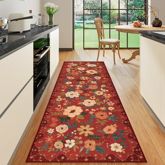DUKINO 2x6 Runner Rug for Hallway, Washable Kitchen Rug with Non Slip Backing, Low Pile Soft Boho Floral Runner for Kitchen, Hallway, Entryway, Laundry, Bedroom, Red