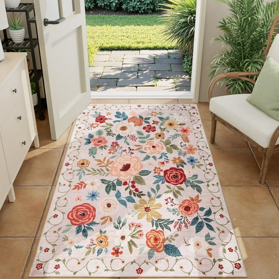 DUKINO 3x4 Area Rug, Lightweight Non Slip Washable Floral Rug, Indoor Low Pile & Non-Shedding Boho Design Carpets for Bedroom, Kitchen, Dining Room, Beige