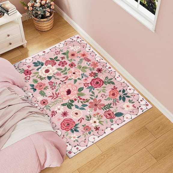 DUKINO 3x4 Area Rug, Lightweight Non Slip Washable Floral Rug, Indoor Low Pile & Non-Shedding Boho Design Carpets for Bedroom, Kitchen, Dining Room, Pink