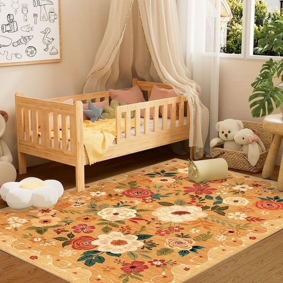 DUKINO 3x5 Area Rug, Floral Rugs for Living Room, Lightweight Non Slip Washable Rug, Indoor Low Pile & Non-Shedding Boho Design Rugs for Bedroom, Living Room, Dining Room, Orange