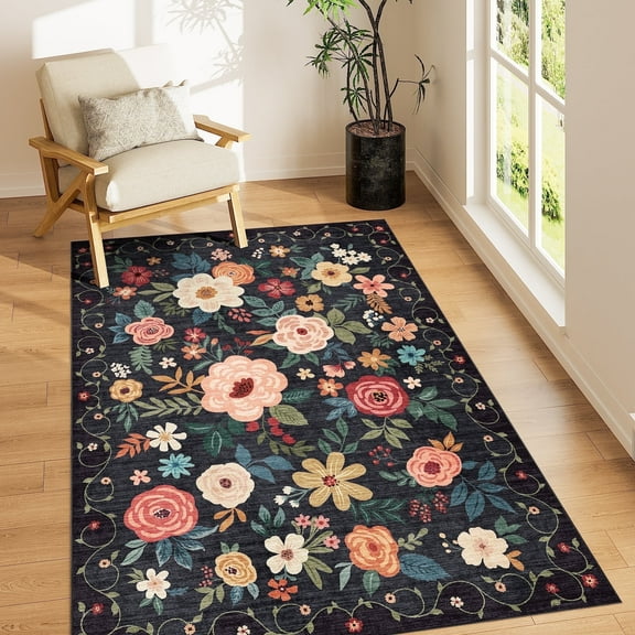 DUKINO 3x5 Area Rug, Floral Rugs for Living Room, Lightweight Non Slip Washable Rug, Indoor Low Pile & Non-Shedding Boho Design Rugs for Bedroom, Living Room, Dining Room, Black