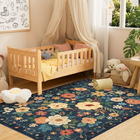 DUKINO 4x6 Feet Office Chair Mat, Lightweight Non Slip Washable Floral Area Rug, Indoor Low Pile & Non-Shedding Boho Design Rugs for Bedroom, Living Room, Dining Room, Dark Blue