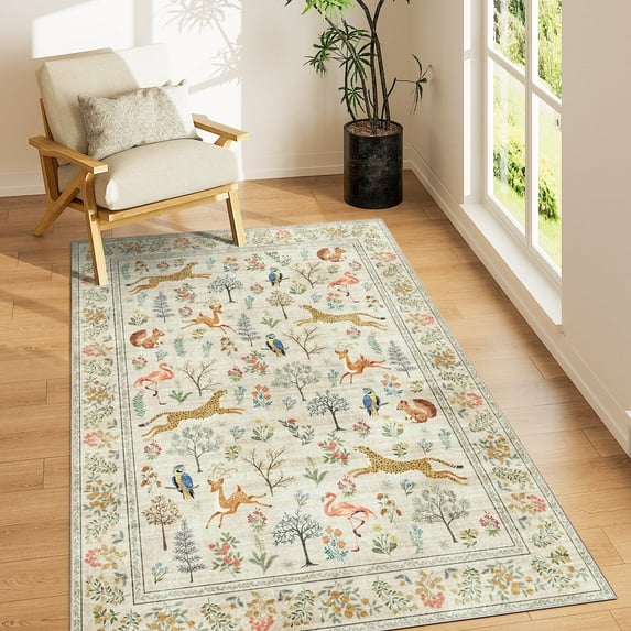 DUKINO 4x6 Rug, Washable Animal Area Rug with Non Slip Vintage Design, Indoor Soft Low Pile Carpet for Bedroom, Nursery, Dining Room, Farmhouse, Playroom, Beige