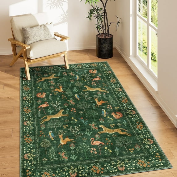 DUKINO 4x6 Rug, Washable Animal Area Rug with Non Slip Vintage Design, Indoor Soft Low Pile Carpet for Bedroom, Nursery, Dining Room, Farmhouse, Playroom, Green