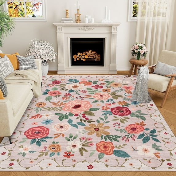 DUKINO 5x7 Area Rug, Floral Design, Lightweight Non Slip Washable, Indoor Low Pile & Non-Shedding Boho Rug for Bedroom, Living Room, Dining Room, Beige