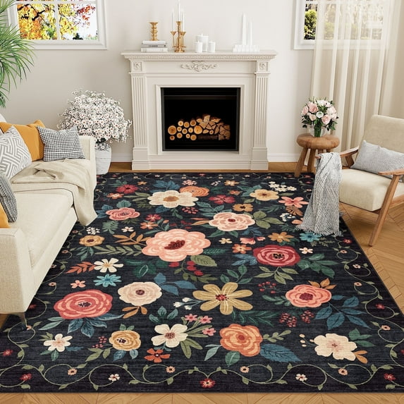 DUKINO 5x7 Area Rug, Floral Design, Lightweight Non Slip Washable, Indoor Low Pile & Non-Shedding Boho Rug for Bedroom, Living Room, Dining Room, Black