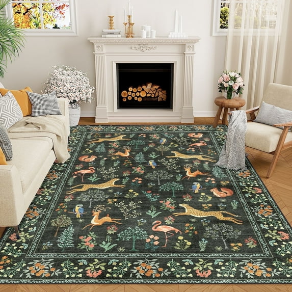 DUKINO 5x7 Rug, Washable Animal Living Room Rug with Non Slip Vintage Design, Soft Low Pile Large Carpet for Bedroom, Nursery, Dining Room, Farmhouse, Playroom, Black