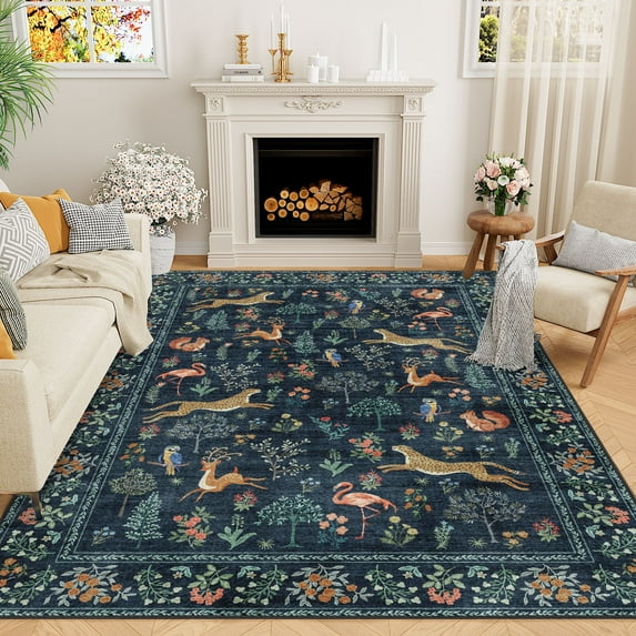 DUKINO 5x7 Rug, Washable Animal Living Room Rug with Non Slip Vintage Design, Soft Low Pile Large Carpet for Bedroom, Nursery, Dining Room, Farmhouse, Playroom, Navy Blue
