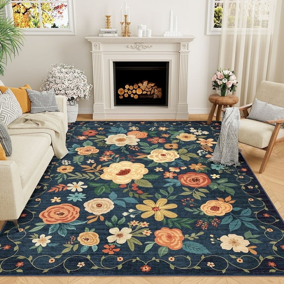 DUKINO 6x9 Area Rug, Floral Rugs for Living Room, Lightweight Non Slip Washable Indoor Low Pile & Non-Shedding Boho Design Carpet for Bedroom, Living Room, Dining Room, Dark Blue