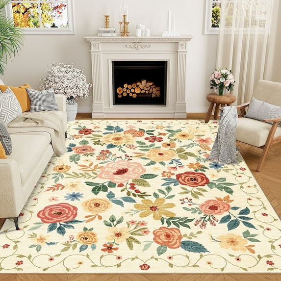 DUKINO 6x9 Area Rug, Floral Rugs for Living Room, Lightweight Non Slip Washable Indoor Low Pile & Non-Shedding Boho Design Carpet for Bedroom, Living Room, Dining Room, Beige Yellow