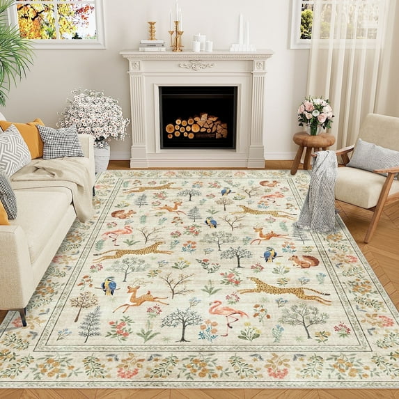 DUKINO 6x9 Rug, Washable Animal Living Room Rug with Non Slip Vintage Design, Soft Low Pile Large Carpet for Bedroom, Nursery, Dining Room, Farmhouse, Playroom, Beige