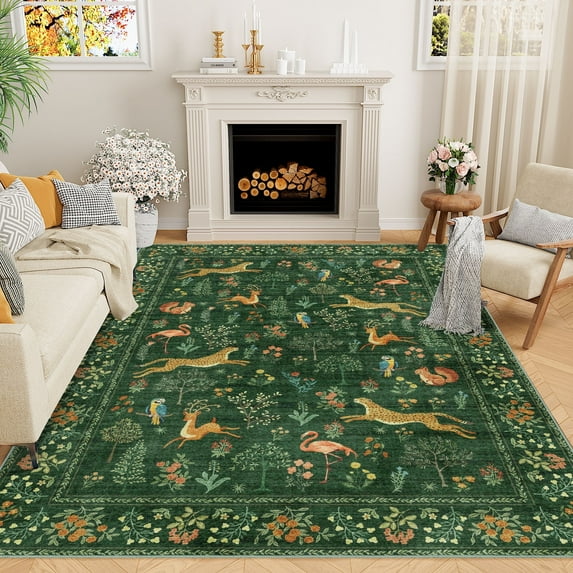 DUKINO 6x9 Rug, Washable Animal Living Room Rug with Non Slip Vintage Design, Soft Low Pile Large Carpet for Bedroom, Nursery, Dining Room, Farmhouse, Playroom, Green