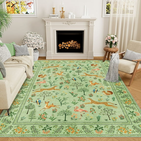 DUKINO 6x9 Rug, Washable Animal Living Room Rug with Non Slip Vintage Design, Soft Low Pile Large Carpet for Bedroom, Nursery, Dining Room, Farmhouse, Playroom, Light Green