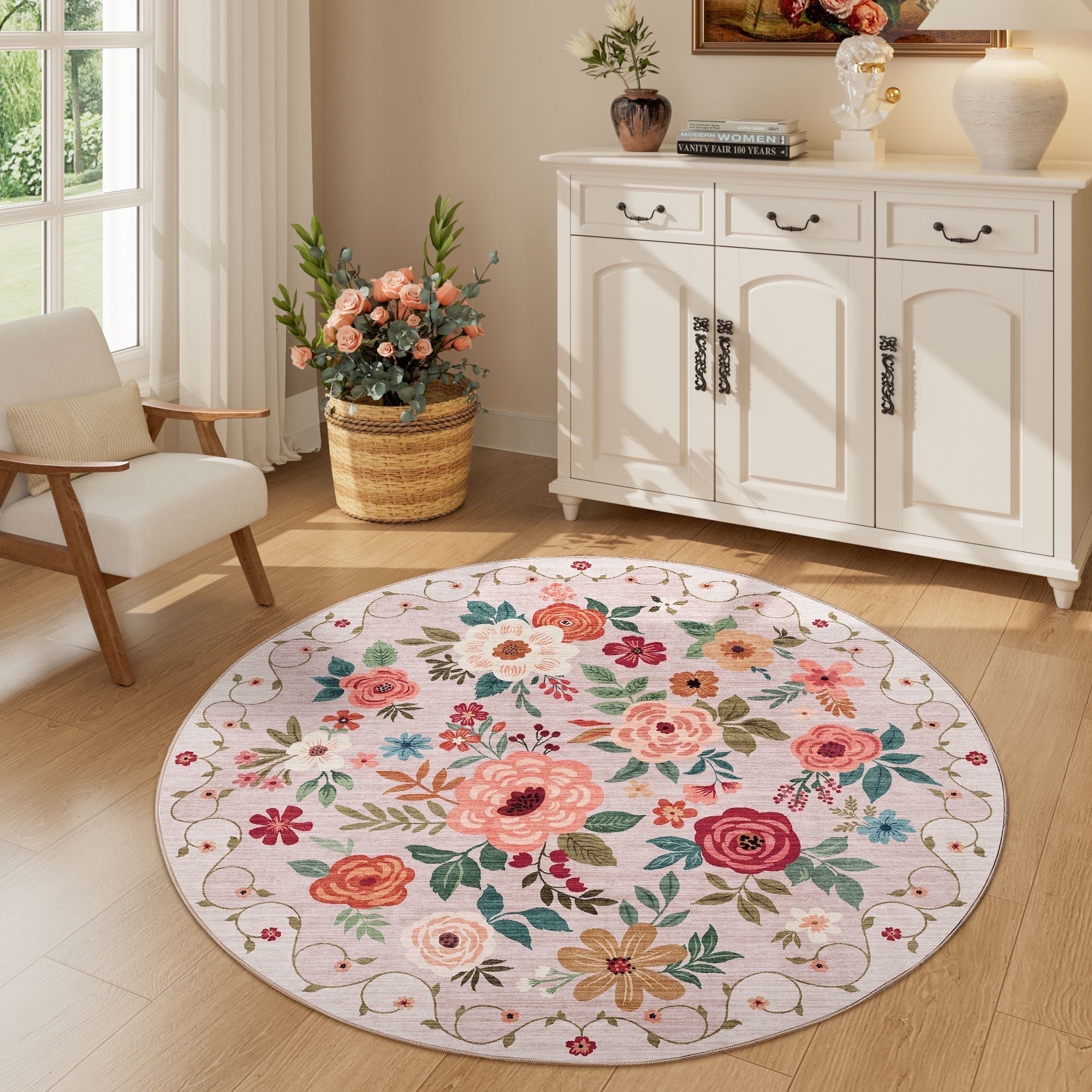 DUKINO Floral Round Rug, 4ft Washable Round Area Rug, Non Slip Indoor ...