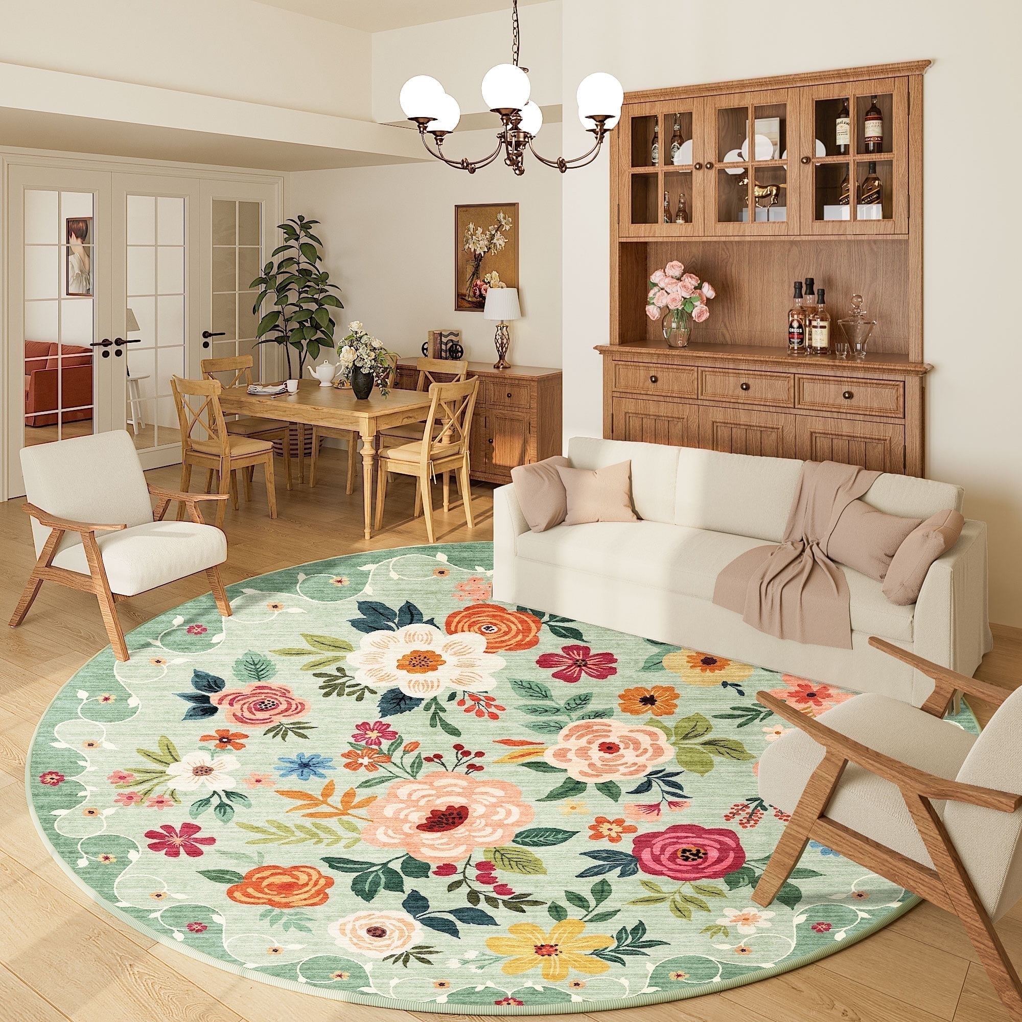 DUKINO Floral Round Rug, 6ft Washable Circle Rug, Non Slip Indoor Low ...