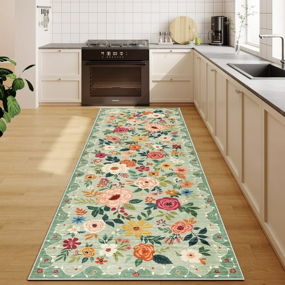 DUKINO Runner Rug, 2.6x8 Kitchen Rug for Hallway with Non Slip Backing, Washable Low Pile Soft Boho Floral Runner Carpet for Hallway, Kitchen, Entryway, Laundry, Bedroom, Green