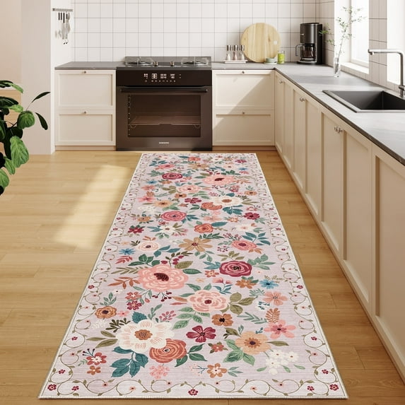 DUKINO Runner Rug, 2x10 Kitchen Hallway Carpet, Washable with Non-Slip Backing, Low Pile Soft Boho Floral for Entryway, Laundry, Bedroom, Beige