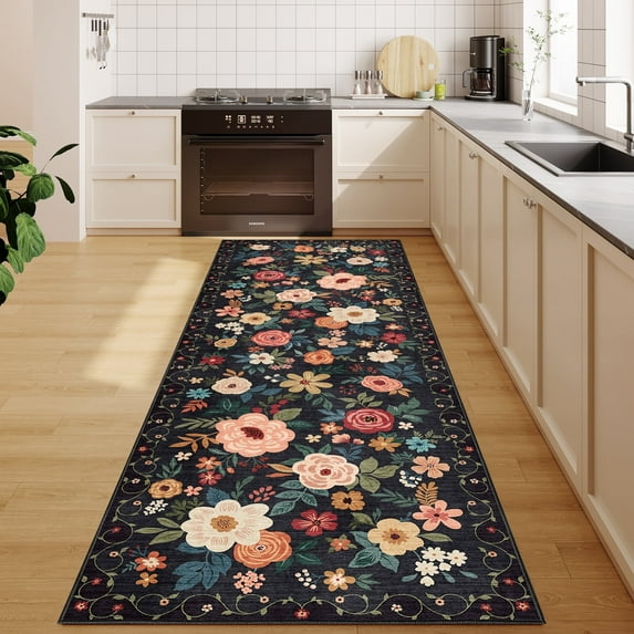DUKINO Runner Rug, 2x10 Kitchen Hallway Carpet, Washable with Non-Slip Backing, Low Pile Soft Boho Floral for Entryway, Laundry, Bedroom, Black