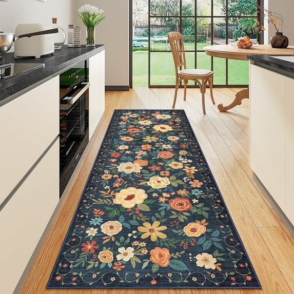 DUKINO Runner Rug, 2x10 Kitchen Hallway Carpet, Washable with Non-Slip Backing, Low Pile Soft Boho Floral for Entryway, Laundry, Bedroom, Dark Blue