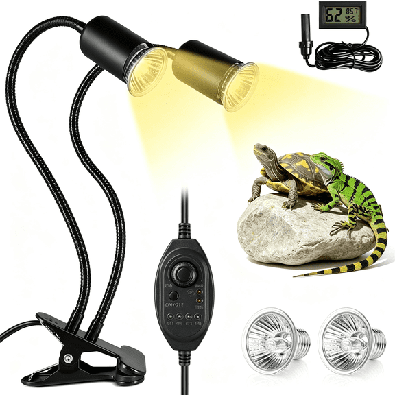 DUKOU Reptile Heat Lamp with Timer&Hygrothermograph,Double-Head Uva Uvb Light,Simulated Sunlight Basking Spot for Turtle,Lizard,Snake,Bearded Dragon,Amphibians(25W + 50W)