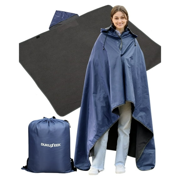 DUKUSEEK Hooded Stadium Blanket, Waterproof Outdoor Fleece Blanket - Large (79x56), Portable, Wearable, Warm for Outdoor-Navy Blue