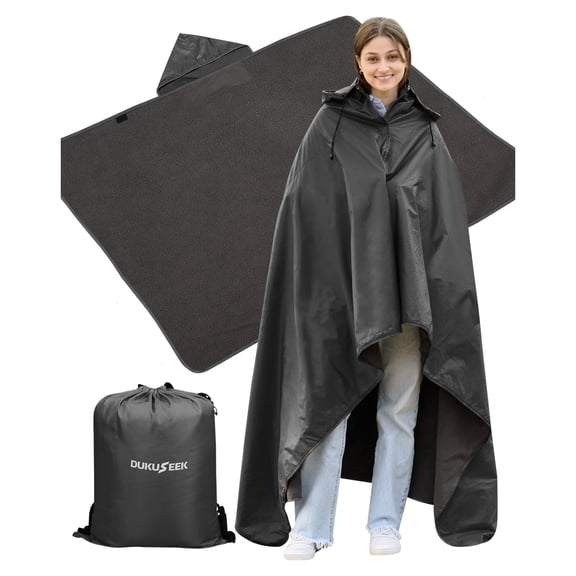 DUKUSEEK Hooded Stadium Blanket, Waterproof Windproof Outdoor Fleece Blanket - Large (79x56), Portable, Wearable, Warm for Outdoor Camping, Picnic, Stadium, Sports, Beach, Concerts, Car-Black