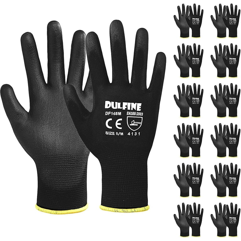 DULFINE Ultra-Thin PU Coated Work Gloves-12 Pairs,Excellent Grip,Nylon  Shell Black Polyurethane Coated