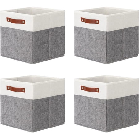 DULLEMELO Fabric Storage Cubes Bins Baskets for Shelves,11 Inch Cube Storage Bins, 4 PCS Foldable Decorative Storage Basket with Leather Handles (White&Gray)