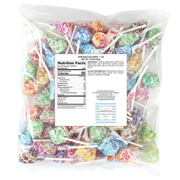 DUM DUMS Original Mix Lollipops, 1 lb Bag (60 Pieces Approx.), Gluten Free Hard Candy, Assorted Flavors, Individually Wrapped Lollipops, The Hampton Popcorn & Candy Company
