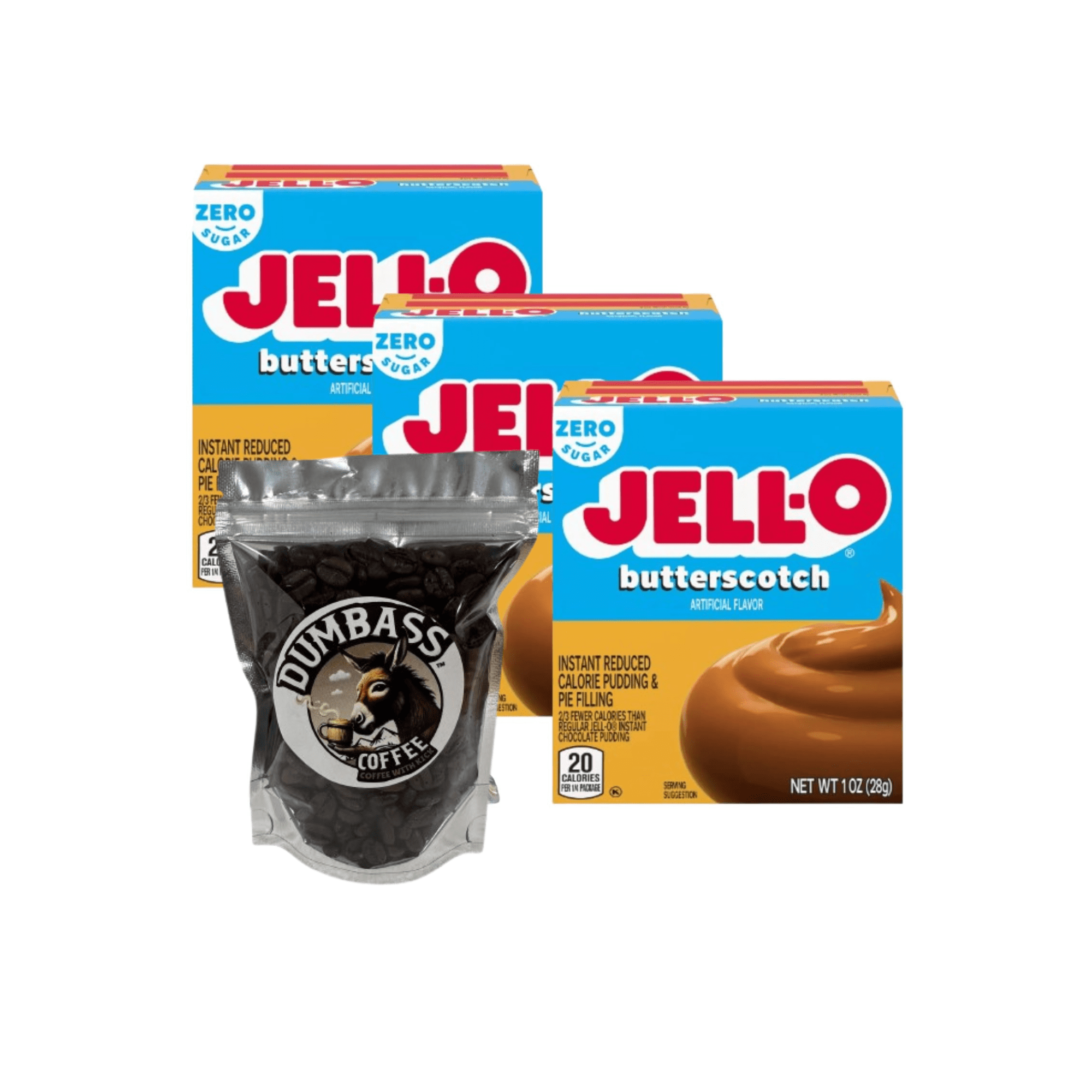 DUMBASS Jell-O Instant Pudding & Pie Filling Mix 1 oz Box (Pack of 3) with 2 oz Whole Coffee Bean Medium/Dark (Zero Sugar Butterscotch) - Coffee Bean
