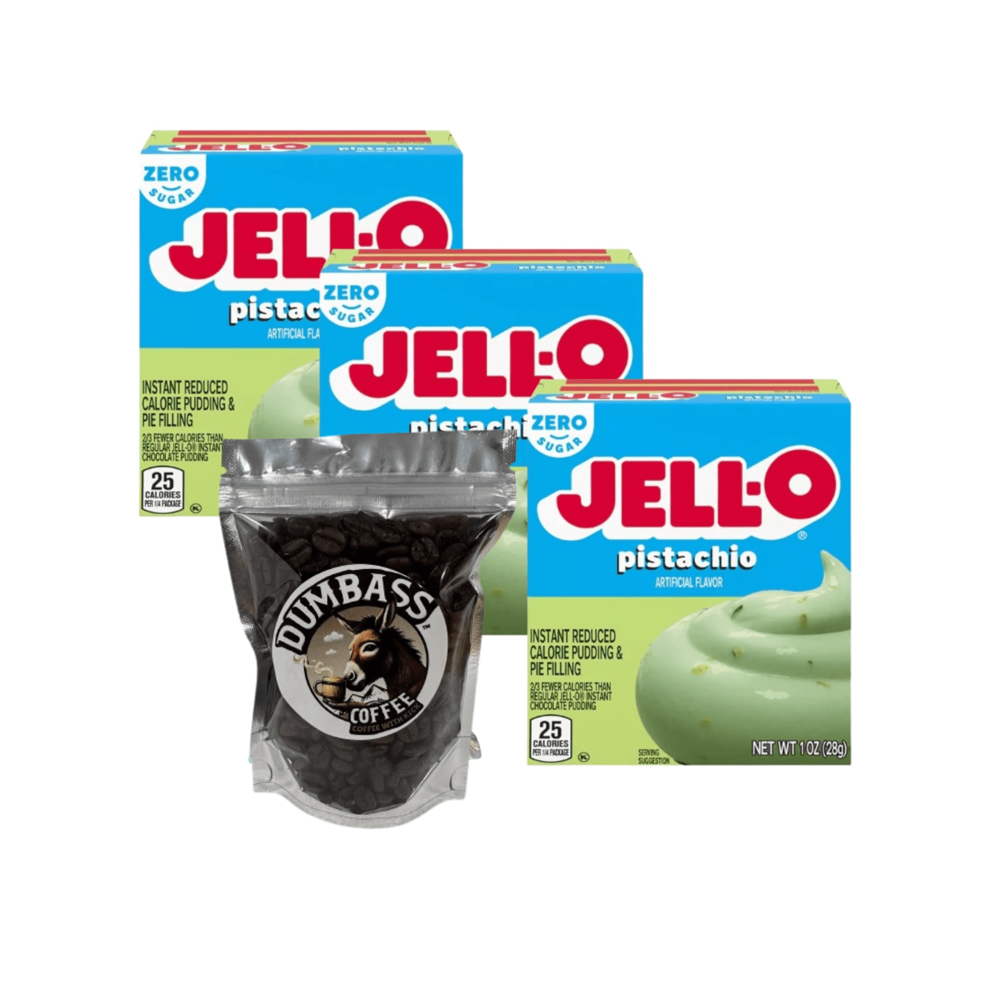 DUMBASS Jell-O Instant Pudding & Pie Filling Mix 1 oz Box (Pack of 3) with 2 oz Whole Coffee Bean Medium/Dark (Zero Sugar Pistachio) - Coffee Bean