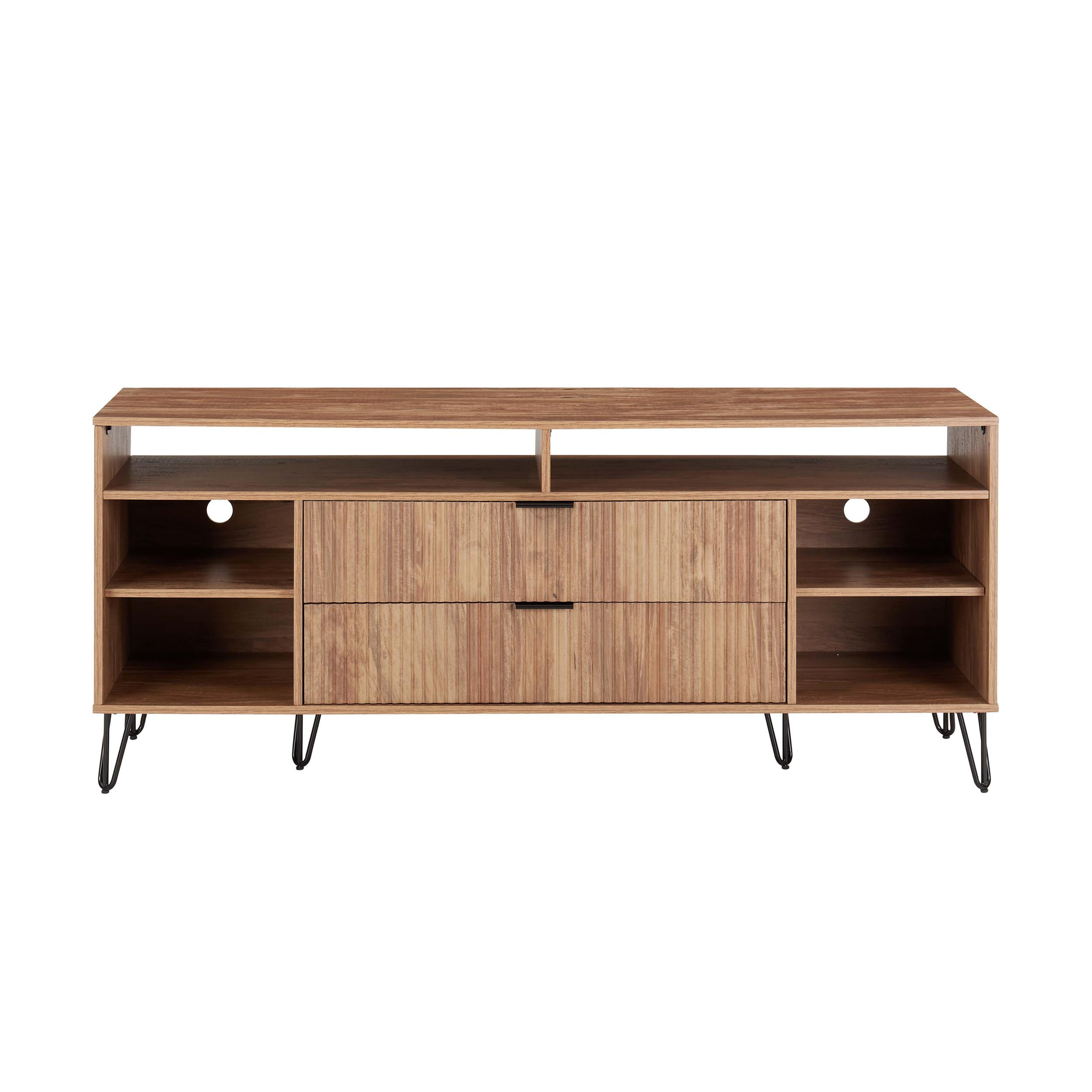Golden Brown Mid-Century Modern TV Stand with Cabinet and Shelves