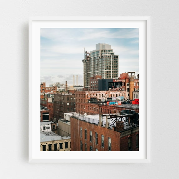 DUMBO from the Manhattan Bridge 01 - Manhattan New York Photography City Graffiti Architecture Street Photography Skyline Vintage White Framed Wall Art Print 12 x 16 inches