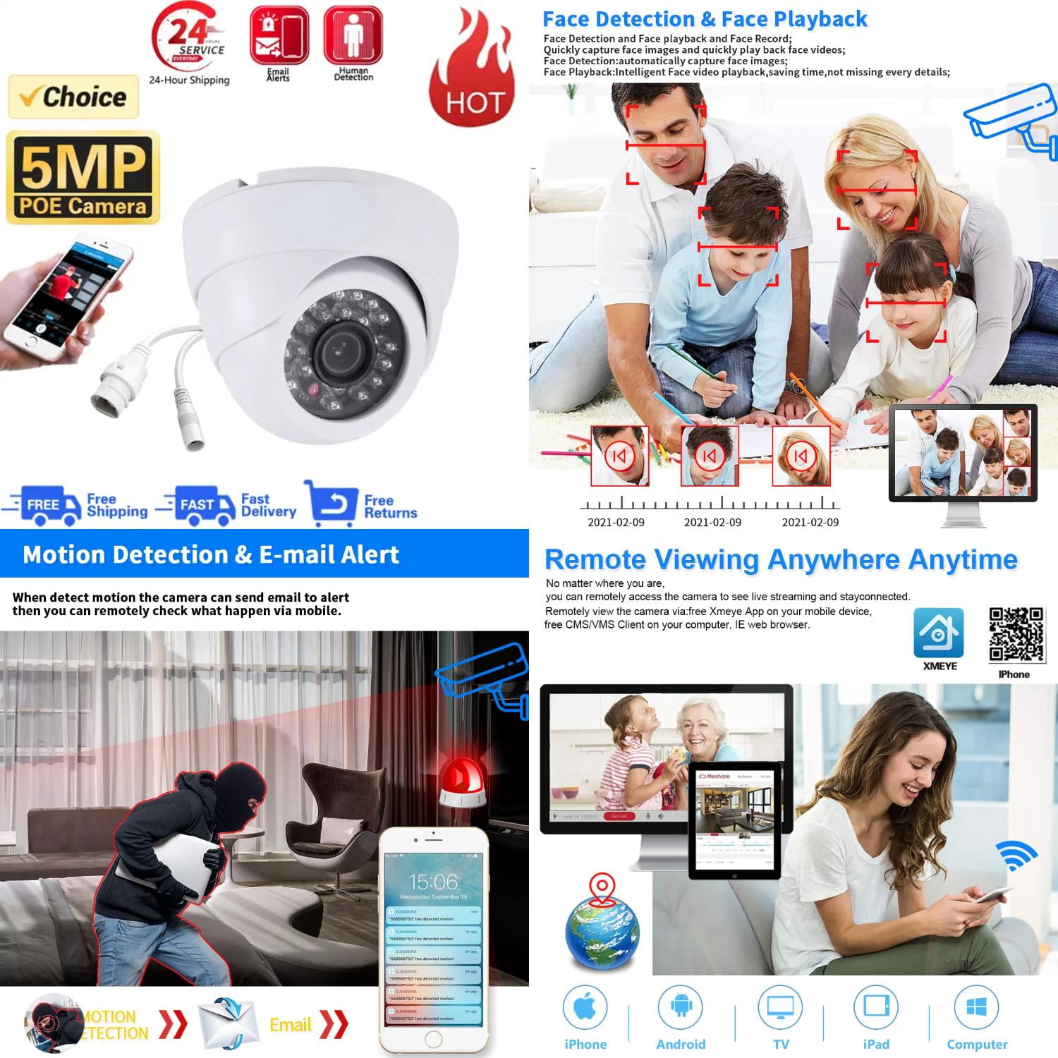 DUMNGWH 4K 8MP Dome POE IP Camera Motion Detection CCTV Security