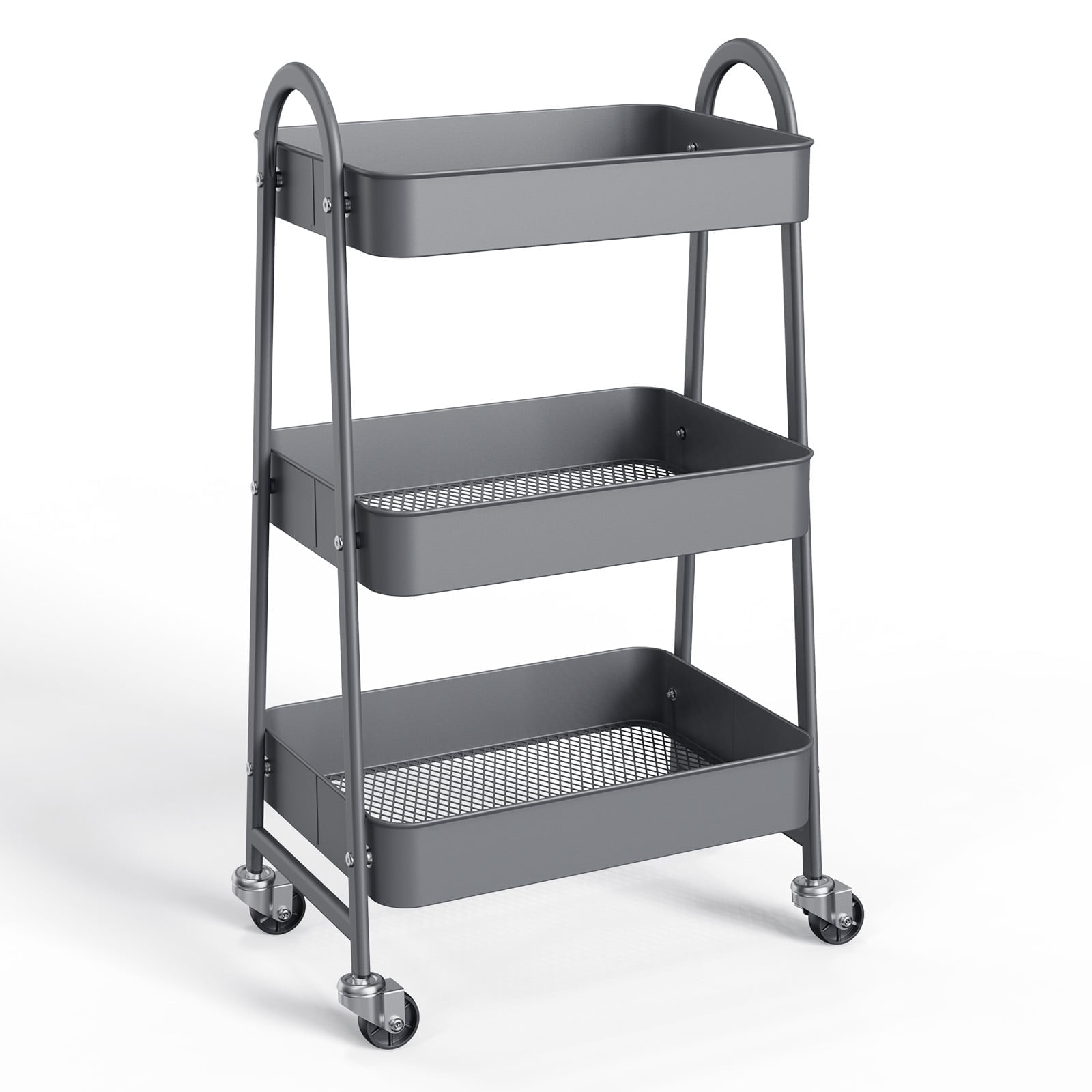 Gray Metal 3-Tier Rolling Utility Storage Cart