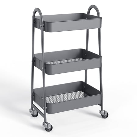 ZUNMOS 3 Tier Rolling Cart, Metal Utility Storage Cart with Lockable Wheels for Livingroom, Bathroom, Kitchen & Narrow Spaces,Gray