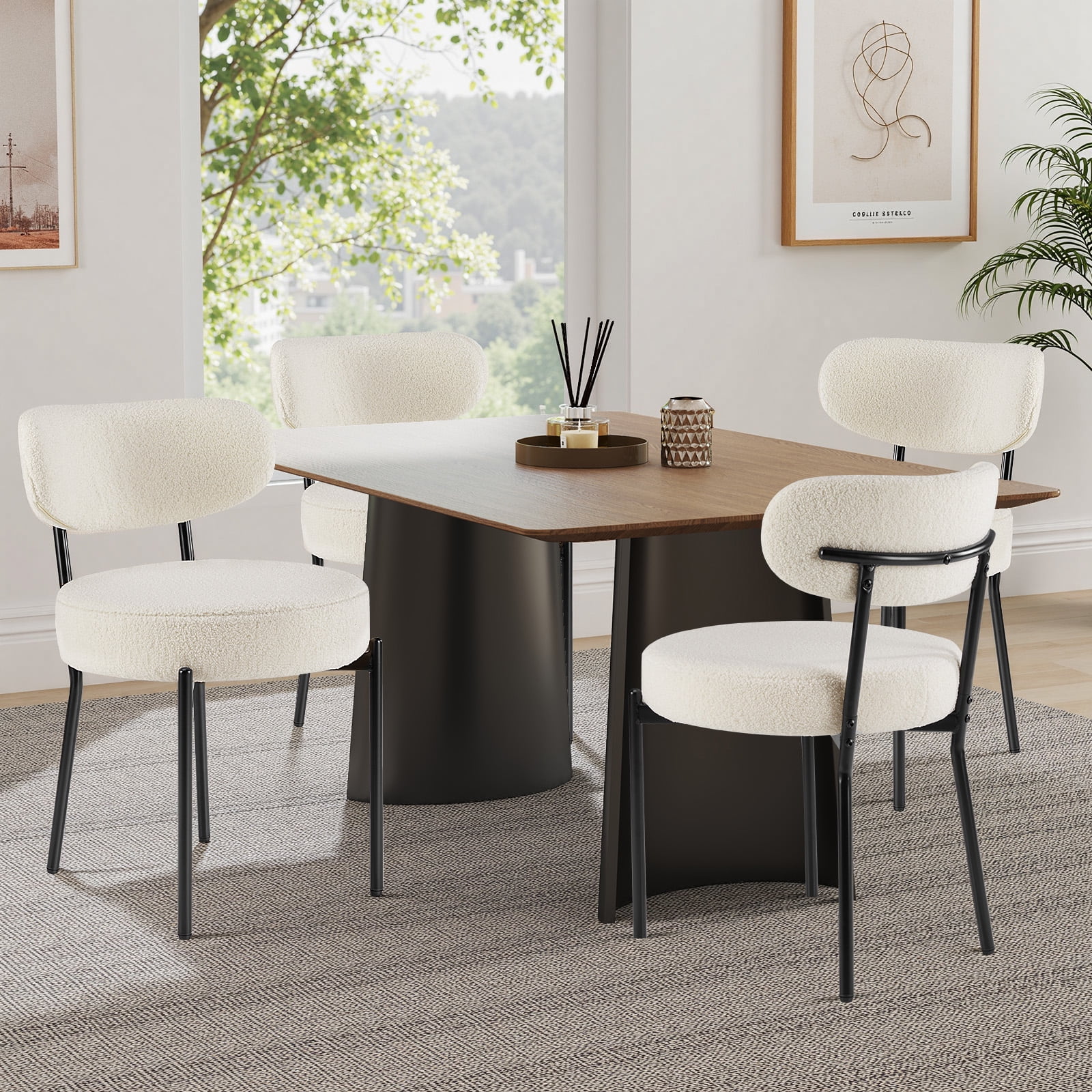 Set of 4 Beige Upholstered Dining Chairs with Black Metal Legs