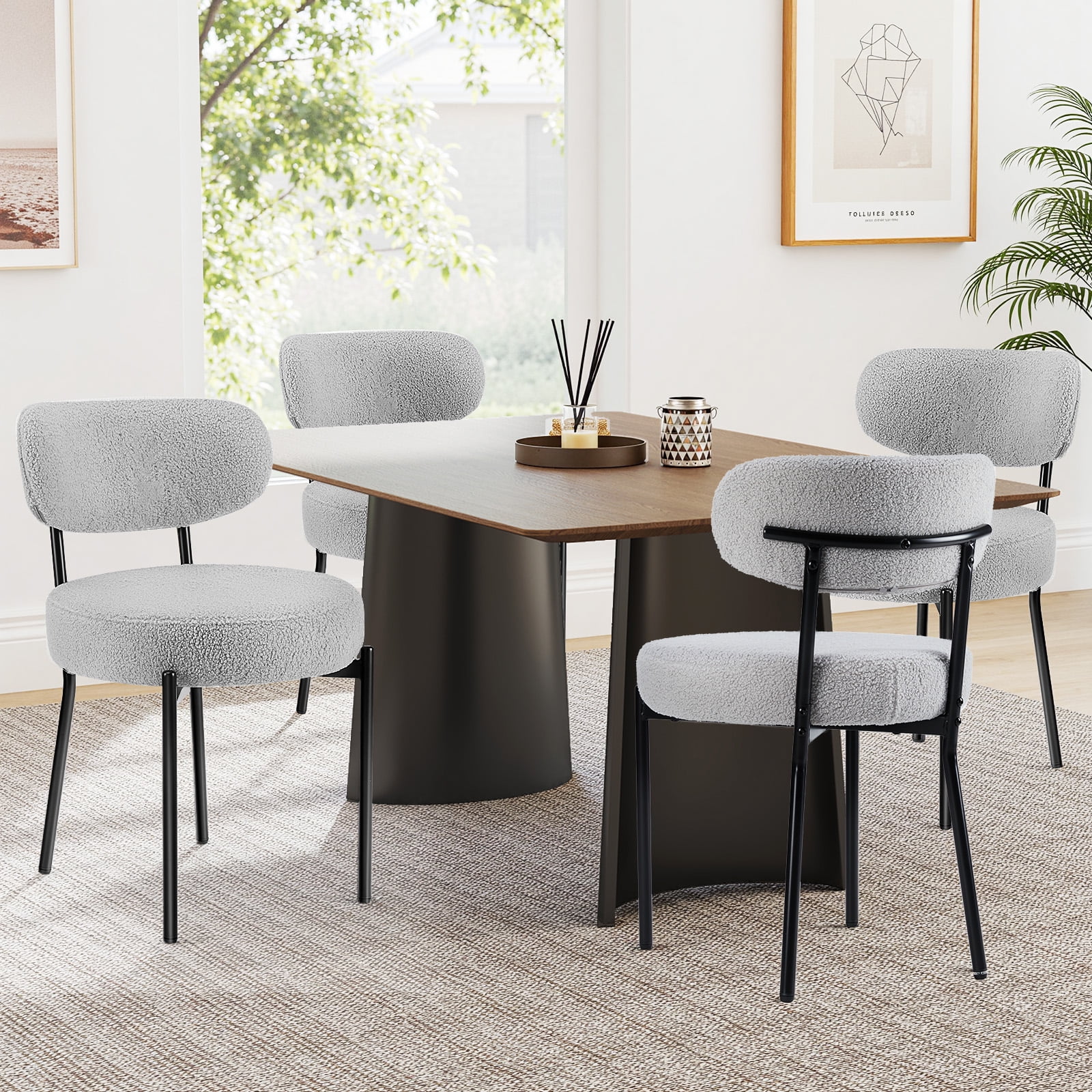 Gray Upholstered Metal Side Chairs with Curved Backrest, Set of 4