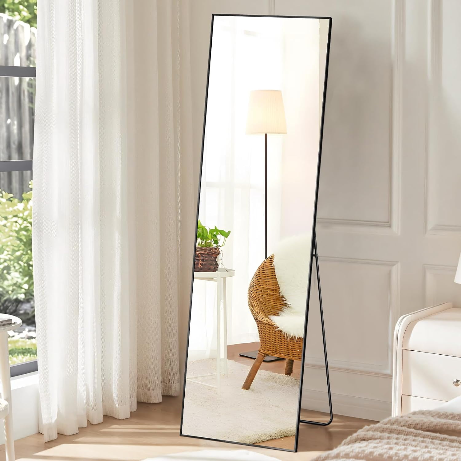 Black Aluminum Full Length Floor Mirror with Stand, 59'' x 16''