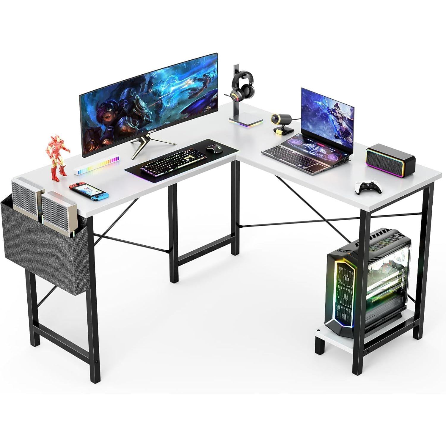 DUMOS 47 Inch L Shaped Desk With Shelves & Drawers - Corner Computer Desk With Power Outlet, Brown