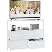 DUMOS TV Stand Dresser for Bedroom Entertainment Center with 5 Fabric Drawers Storage Organizers Units, Media Console Table with Open Shelf up for 45" Television for Living Room, Dorm, White