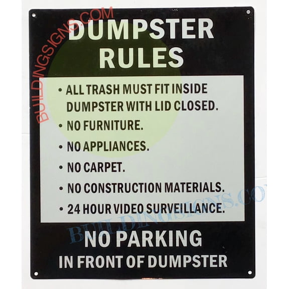 DUMPSTER RULES NO PARKING IN FRONT OF DUMPSTER SIGN (10x12,WHITE,ALUMINUM) -ref19722
