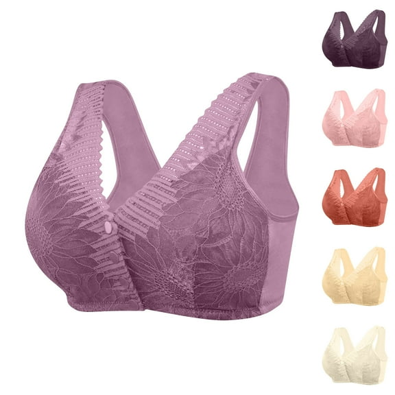 DUMUIELD Anti Sagging Breast Bras for Older Women Button Snap Closing Push Up Bras Lace Underwire Bralette Supportive Daily Comfort Wireless Bra Khaki,M