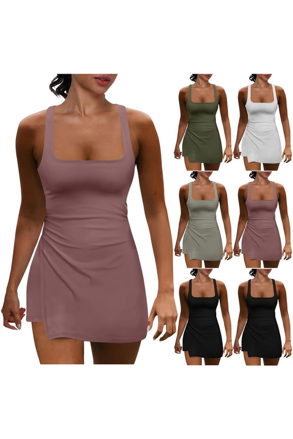 Athletic Dress for Women, Womens Tennis Dress Built in Shorts with Pockets Sleeveless Workout Dress Skort Dress Golf Dresses White,XL