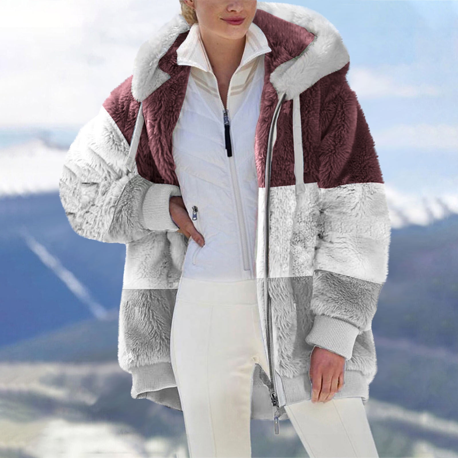 Womens Autumn Winter Long-Sleeve Plaid Fleece Coat With Dual Pockets In Plus Sizes