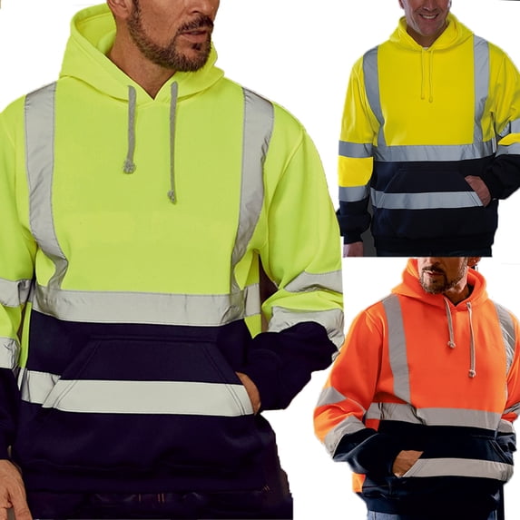 DUMUIELD High Visibility Hoodie for Men Fleece Warm Safety Reflective Hooded Pullover Hi-Vis Construction Work Sweatshirt with Pocket Yellow,XXXXL
