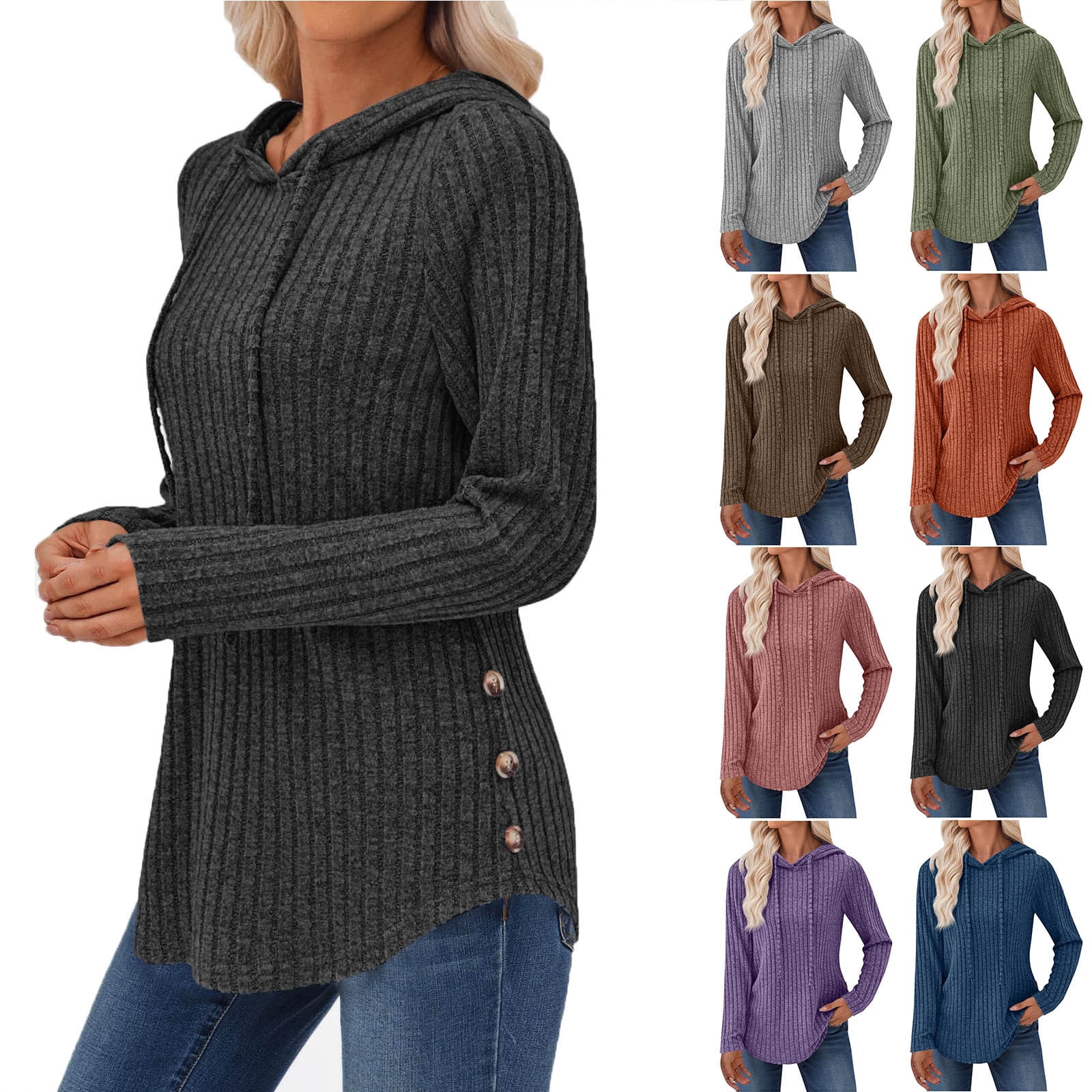 Saudacdn Women's V-Neck Henley Tunic Sweater | Long Sleeve, Ribbed Knit, Loose Fit - View #4